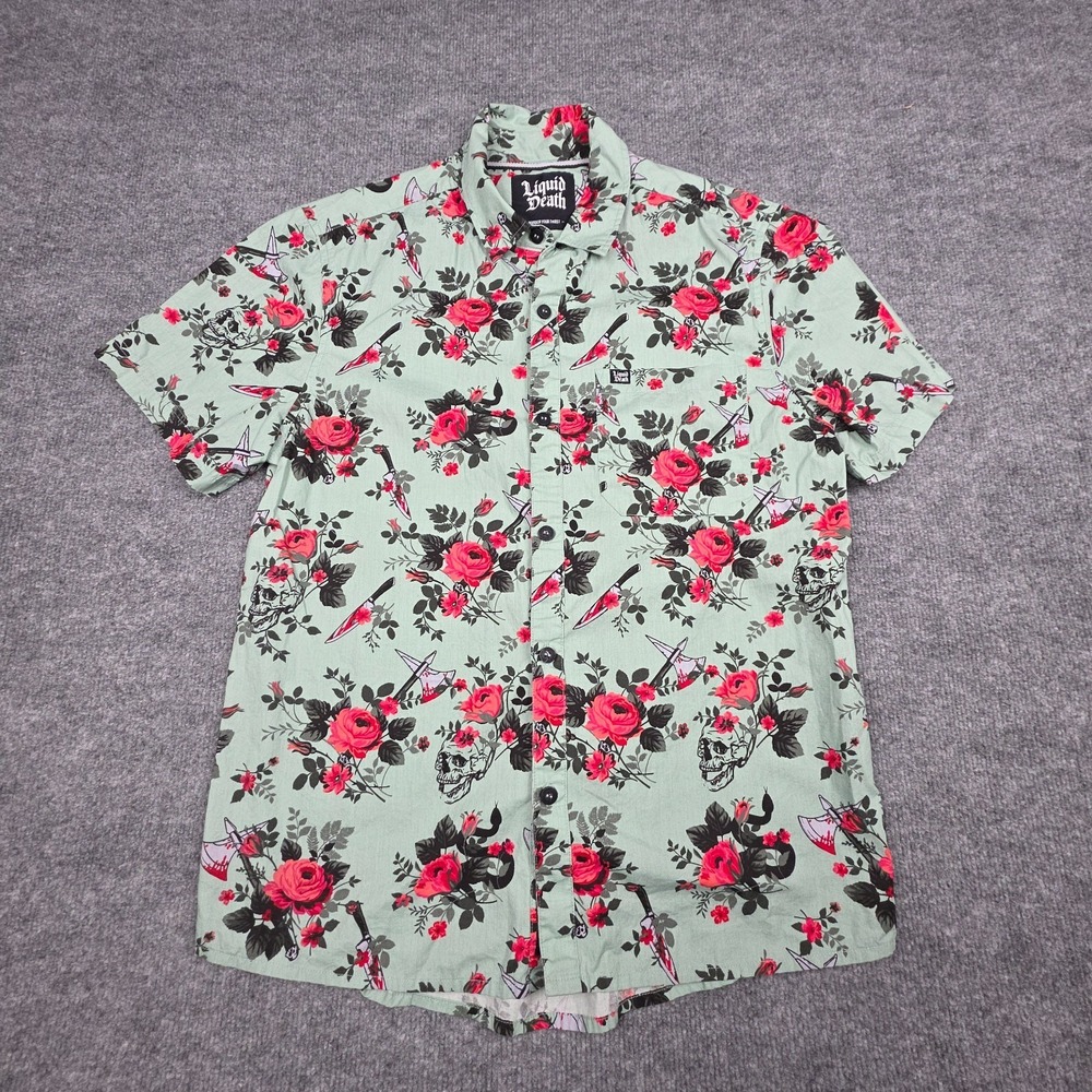 Liquid Death Button Up Shirt Men's Medium Roses Floral Skulls Hawaiian